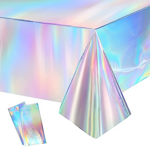 GREATRIL Iridescent Party Table Cloths Disposable Tablecloth for Mermaid/Under Sea/Frozen Theme Birthdays Party Decorations Rectangle Tablecover 54'' x 108'' - 2 Packs