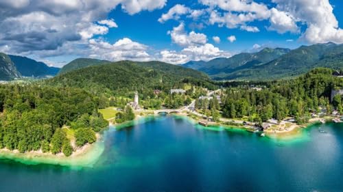 Lac Bohinj affiche Alpes juliennes Slovénie poster panoramique église du Hl paysage montagne