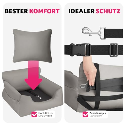tectake® Hundesitz, Autositz für Hunde, Hunde Autositz für Rückbank, Beifahrer oder Rücksitz, Reisebett Hund, mit Hundegurt, Sitzerhöhung mit Hundeanschnaller, Hundebett mit Anschnaller - grau