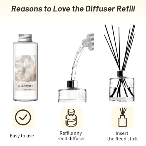 Image of STRN Reed Diffuser Oil Refill, Clean Musk Scented Diffuser Oil Refills with 6 Reed Sticks 200ML(6.8fl.oz), Room Fresheners for Home, Long-Lasting Summer Fragrance for Living Room, Bedroom, Office