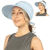 SUN CUBE Women Sun Hat for Outdoor UV Protection, Wide Brim Sun Hat Ponytail, Convertible Zip-Off Beach Hat Visor for Golf Gardening Pool Travel, Foldable Summer UPF50+ Visor Hat, Light Blue