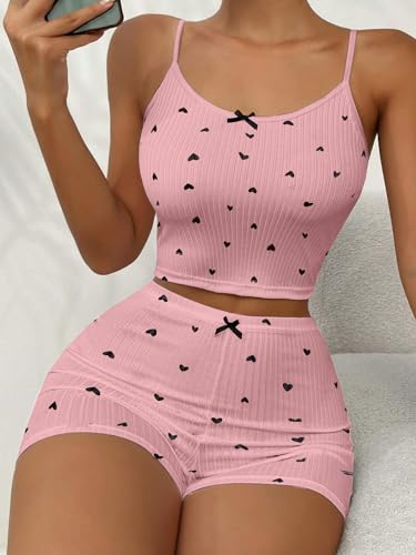 Image of Hilinker Womens Graphic 2 Piece Pajama Set Summer Cute Crop Cami and Shorts Ribbed Lounge Sets