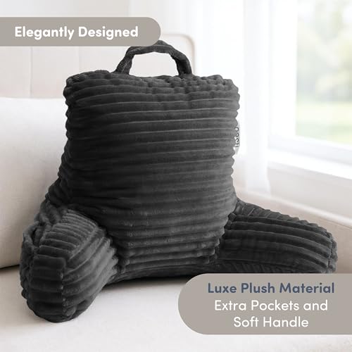 Image of Nestl Reading Pillow for Kids & Teens with Shredded Memory Foam, Luxe Cut Plush Backrest Pillows for Reading and Gaming, for use on Couch, Bed, Floor, Adjustable Support with Washable Cover Dark Grey