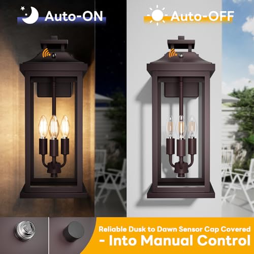 VenzBlomia Oil Rubbed Bronze Dusk to Dawn Outside Lights 3-Light, 20" 2 Pack Porch Wall Mount Light Fixtures Large Brown Photocell Sensor Outdoor Wall Lanterns, Vintage Exterior Sconce Lamps E12 by VenzBlomia - Image 2