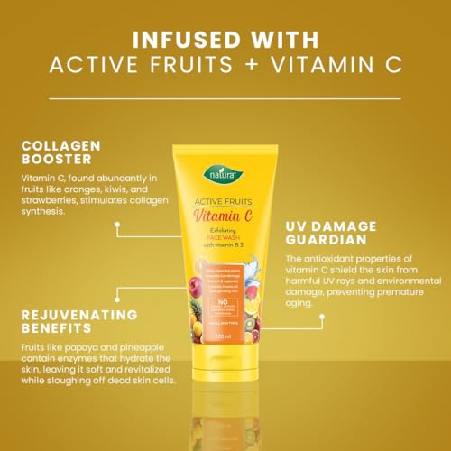 Image of Natura Active Fruits Vitamin C Face Wash | Exfoliating, Brightening, Sun Damage Protection, Oil Control | With Vitamin B3 | For Glowing Skin | No Paraben, Men & Women, All Skin Types - 150 ml
