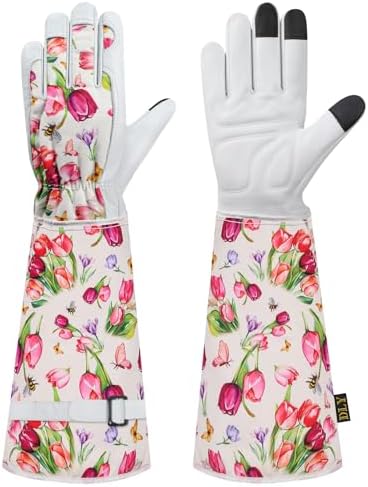 DLY Lange Gartenhandschuhe Damen, Arbeitshandschuhe, Weiß, Mittel | Atmungsaktiv, bequem, Mikrofaserleder, 3-Finger-Touchscreen, Unterarmschutz, Gartenhandschuhe, Unkrautjäten und