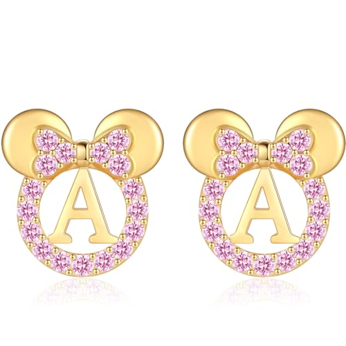 925 Sterling Silver Earrings for Girl Women: Hypoallergenic Initial Earrings with Pink Cubic Zirconia White Gold/Gold Cute Earrings Studs for Sensitive Ears Chirstmas Birthday Gifts