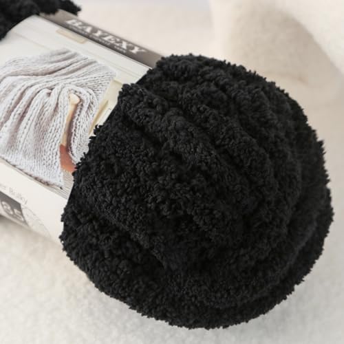 Image of Chunky Chenille Yarn for Hand Knitting 8 Jumbo Pack Jumbo Chunky Yarn for Hand Soft Blanket Knitting, Bulky Thick Fluffy Yarn for Crocheting (Black)