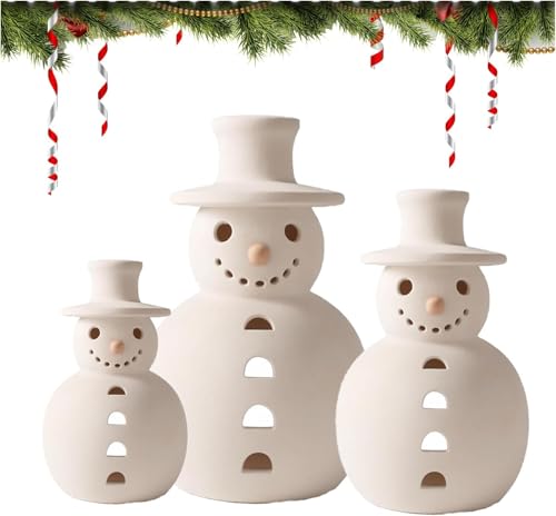 KeyLunacy Handmade Terracotta Snowman Rustic Christmas Decoration White Clay Winter Figurine Unique Holiday Ornament for Home Mantel Table or Entryway Display (S)