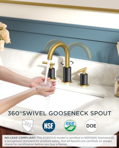 Image of FORIOUS Black and Gold Bathroom Faucet 3 Hole with Pop Up Drain and 24 in Supply Line, 2 Handle Modern Bathroom Vanity Faucet Widespread 8 inch with 360 Degree Swivel Gooseneck, for 6 inch to 12 inch Basin