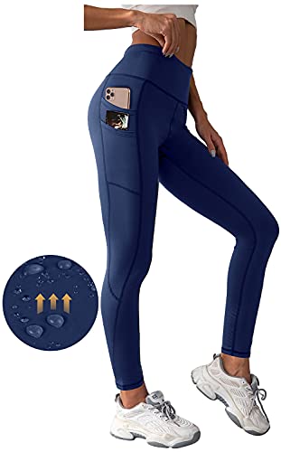 XIEERDUO Athletic Fleece Lined Butt Lifting Leggings Pockets Women Water Resistant Yoga Running Hiking Pants Navy Blue L