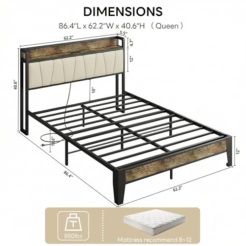 Image of LIKIMIO Queen Bed Frame, Storage Headboard with Charging Station, Solid and Stable, Noise Free, No Box Spring Needed, Easy Assembly (Walnut and Beige)