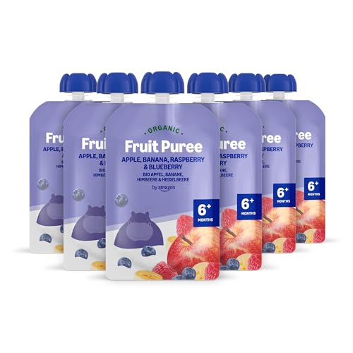 by Amazon Organic Apple Banana Blueberry Raspberry Pouch - 6 x 90g - Previously Mama Bear