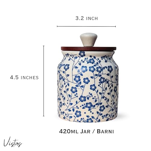Image of Vistas 'Heritage Blue' Airtight 420ml Set of 3 Ceramic Jar for Kitchen Storage | Handcrafted Ceramic Barni with Wooden Lid | Multipurpose Pickle, Spice & Salt Container