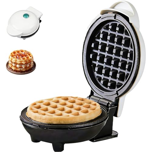 Mini Waffle Maker Machine Non-Stick Waffle Iron Quick Cooking Small Breakfast Baking Pan Plate with Double Side Heating for Home Dorm Kitchen Kids and Travel (White 16cm X 12cm)