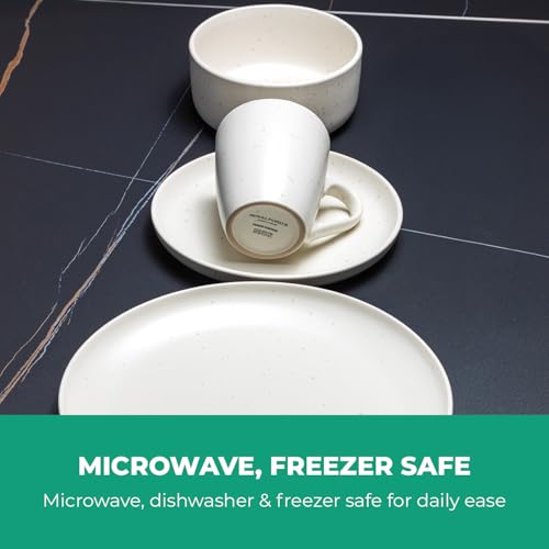 ROYALFORD 16 Piece Stoneware Dinnerware Set | Microwave, Dishwasher & Freezer Safe Durable Crockery Set | Includes Dinner & Dessert Plates Cereal Bowl & Mugs | Kitchen Dinner Set for 4 People White - Image 5