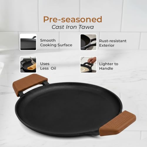 Image of HomeEssentials Round Non-Stick Cast Iron Tawa with Silicone Grip Handles | Non-Stick Cooking & Serving Pan for Dosa, Chapati, Roti, Pizza, Pancakes, Omelets and Daily Cooking