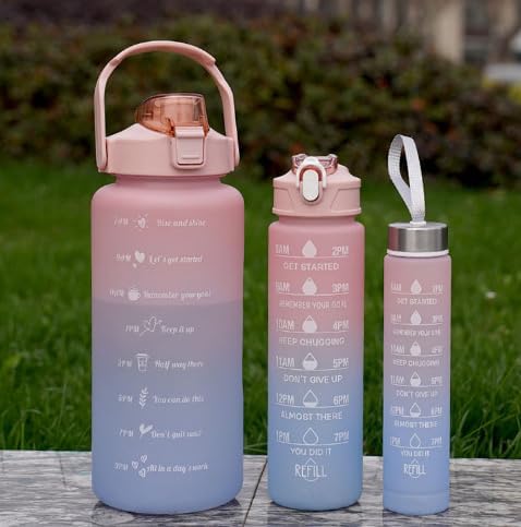 Miniatura 2 de Juego de botella de agua 3 en 1 con marcador de tiempo con popote 67.6 fl oz+30.4 fl oz+23.7 fl oz (rosa y azul claro)