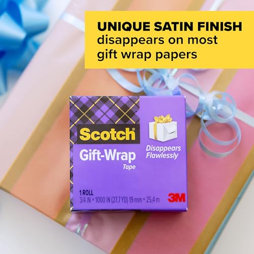 Image of Scotch Gift Wrap Tape with Scotch Desktop Dispenser | 6 Rolls of 3 /4 inch x 1000 inch each plus 1 Desktop Tape Dispenser, Great for Gift Wrapping