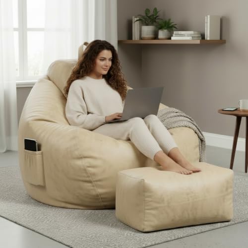Image of KAM'S LIEU 5XL Premium Imported Suede Bean Bag Chair with Footrest & Cushion | Filled with High Density Polystyrene Beans | Premium Soft Fabric | Ready to Use Color- (Cream, 5XL)