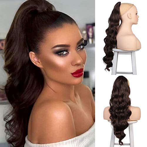 Ponytail Hair Extensions Clip in Human Hair Long Wavy Curly Drawstring Synthetic Hair Extensions Hairpieces Accessories for Women 24 Inch 040-8/31