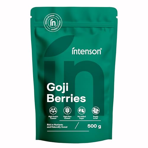 Intenson Bayas de Goji Secas, 500 g, Superalimento Naturalmente Dulce, Alto Contenido en Fibra, Antioxidantes y Proteínas Vegetales, Vegano, Sin Gluten, Sin Azúcares Añadidos