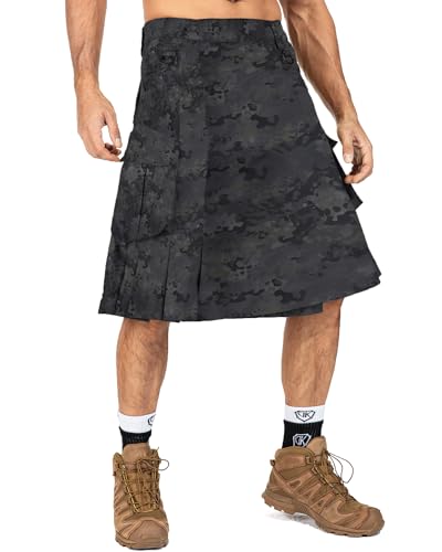 Kilt for Men Camo Utility Waterproof Tactical Kilt Irish Scottish Kilts with 4 Pockets Dark Camo 38