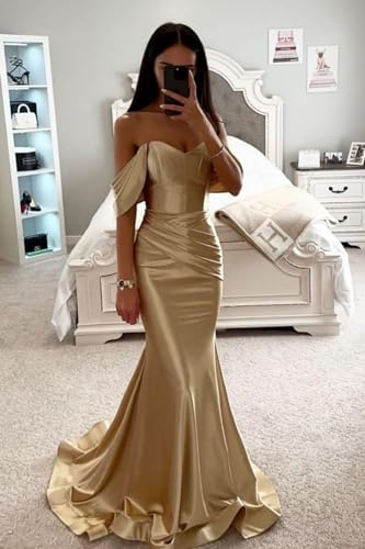 Off Shoulder Prom Dress Mermaid Long Ball Gown Satin Pleated Sweetheart Bridesmaid Dresses with Train BU0763
