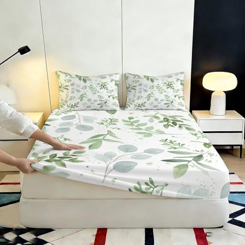 Drap-Housse Microfibre Douce 90x200 Imprimé 3D Feuille Vert Nature