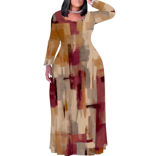 Image of PinkPatty Plus Size Maxi Dress for Curvy Women Crew Neck Long Sleeves Casual Dress Vacation Sundresses with Pockets