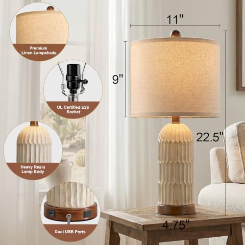 OYEARS 22" Bedside Table Lamps Set of 2, Farmhouse Lamp with USB A+C,Brown - Image 3