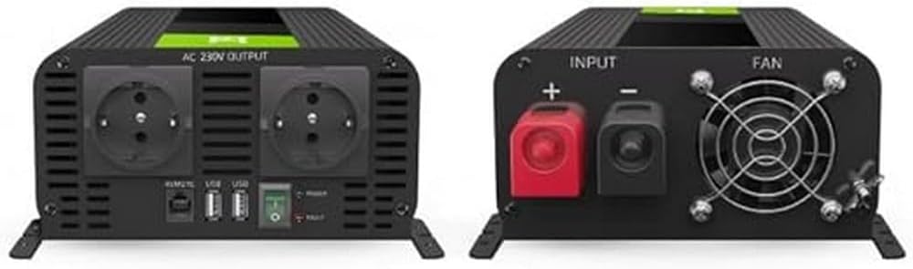 Front and back view of the Green Cell Pro inverter showing AC outlets, USB port, DC input terminals, and cooling fan