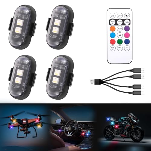 AMORONE 4PCS Wireless LED Strobe Lights with Remote Control, 8 Colors USB Charing Waterproof Wireless Led Lights For Car Interior, Truck, Stroller, Drone, Motorcycles, Bike Anti-Collision etc