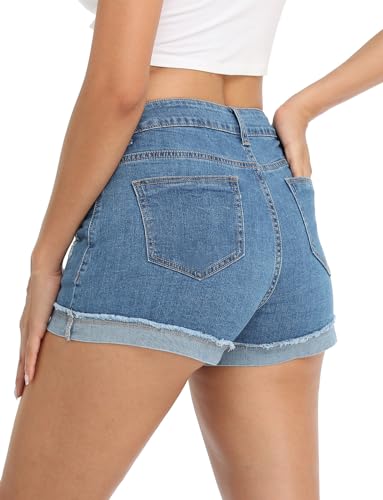 Image of onlypuff Women Denim Shorts Ripped Mid Waisted Jean Shorts with Pockets