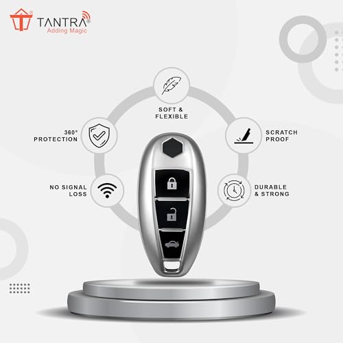 Image of SIAGO TPU Key Cover and Round Keychain Compatible for Maruti Suzuki Baleno, Vitara Breeza, S Cross, Ciaz, Swift, Ignis, 3 Button Smart Key Cover (Grey)