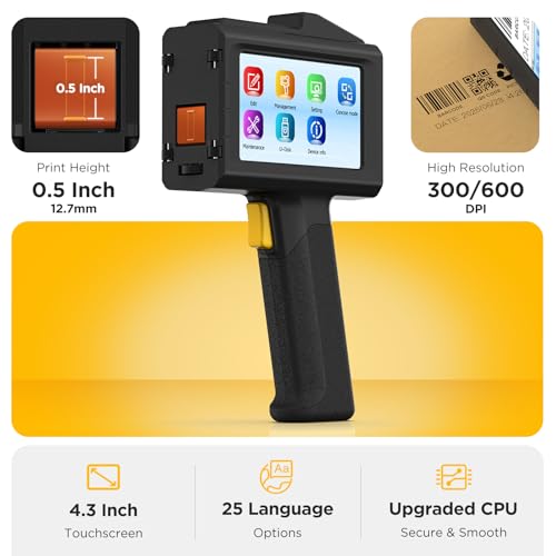 Image of Handheld Inkjet Printer 0.5 Inches Print Height Weighs Only 390g for Batch Code Date Lot Number Print on Plastic Carton Wood Metal Glass Aluminum with 42ml Fast Dry Ink (Black)