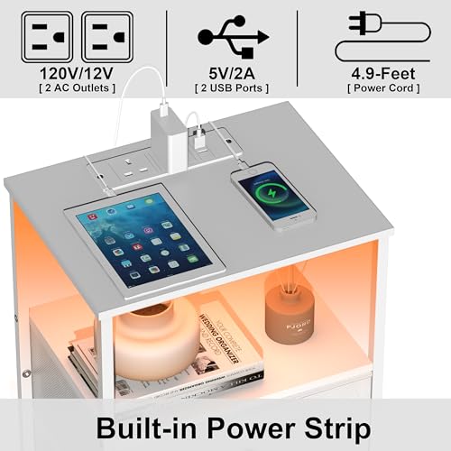 VEDECASA Bedside Table with Charging Station White End Table with LED Light and 2 Fabric Drawers Modern White Nightstand Cabinet for Bedroom Living Room Sofa Couch - Image 5