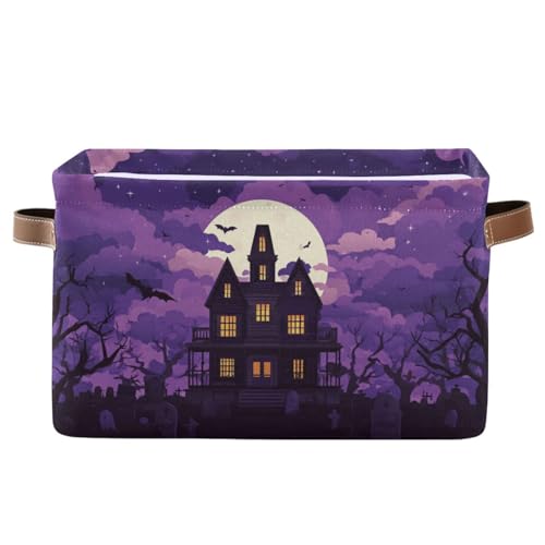 Image of Aslsiy Storage Basket Spooky Castle Halloween Moon Nursery Bins Purple Baby Box Canvas Clothes Shelf Basket Laundry Hampers 1 Pcs