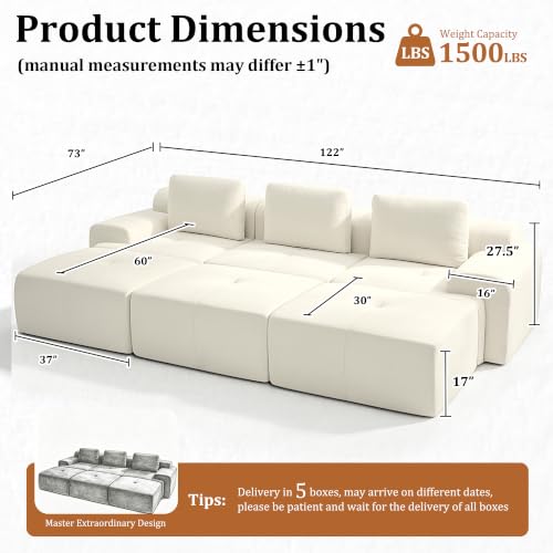 Image of 122 inch Oversized Boneless Couch, Comfort Cloud Sectional Couches for Living Room, Modular Sofa High Back & Extra Deep Seat, No Assembly, Soft Chenille Fabric (Warm White, 122 inch-(3+3))