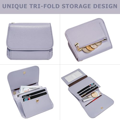 Image of Women Small Wallet RFID Blocking Slim Wallet with Coin Pocket Tri-Fold Credit Card Holder with ID Window and Keychain (Purple)