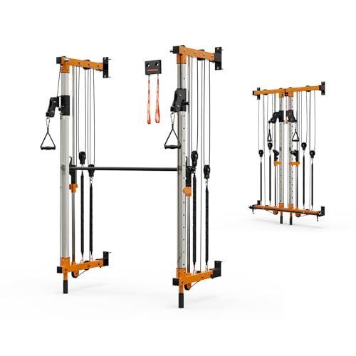 DUORAN Wall-Mounted Folding Smith Machine Home Gym, All-in-One Compact Power Cage & Cable Pulley Trainer with 125–250LB Dual-User Resistance Band System for Home, Garage, Basement Fitness （Orange）