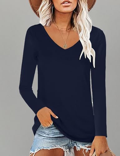 Image of Elesomo Womens T Shirts V Neck Summer Short /Long Sleeve Cotton Tops Tees