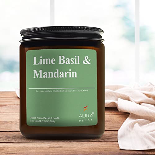 Image of AuraDecor Scented Jar Candle | Handpoured Soy Wax Candle with Long Lasting Burn Time | Premium Amber Jar Aromatherapy Candle | Ideal Gift for Home & Decor (Extra Large, Lime Basil & Mandarin)