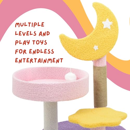 Image of Tsuki Moon-Themed Cat Tree for Indoor Cats & Kittens | 3-Tier Cat Scratching Post with Cozy Perch, Star Step, Sisal Rope & Hanging Pom-Pom Toy | Aesthetic Furniture for Indian Homes