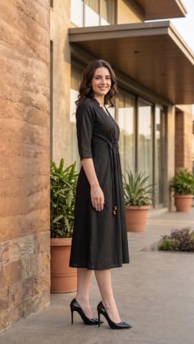 Image of New Ethnic 4 You Women's Pure Cotton Solid Black A-Line Midi Dress