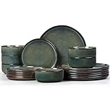 Joyfair Vajilla para 6 personas, 18 piezas, de gres, esmalte reactivo, juego de vajilla con plato llano, platos de postre, cuencos de cereales, microondas y lavavajillas, algas marinas, verde oscuro