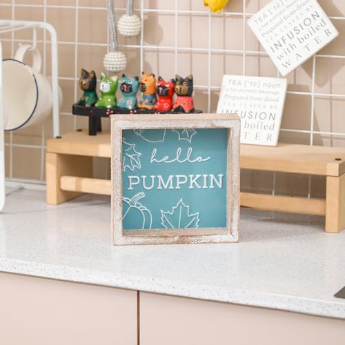 Image of Embossed Hello Pumpkin Sign, Rustic Fall Decorations for Home, Thanksgiving Centerpieces for Table Cubicle Desk Mantel Fireplace, Autumn Tiered Tray Decor