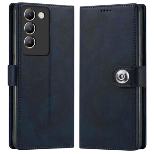 Image of Genuine Leather Finish Flip Cover Compatible Model for Vivo V2334 / Vivo T3-5G | Inside Back TPU Wallet Button Magnetic Closure for Vivo T3 5G- Navy Blue