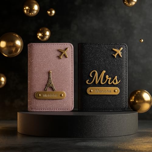 Image of Personalised Glitered Name Passport Cover Combo Pack| Combo Pack of 2 | Passport Cover for Womens and Girls| Gift Pack|Travel Assessories Peach & Black