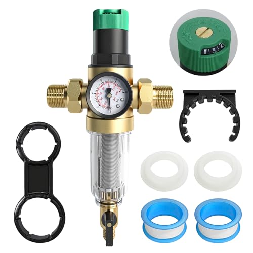 Druckminderer Wasser 3/4 Zoll, Rückspülfilter mit Druckminderer und Manometer, Messing Wasserdruck Durchflussbegrenzer, Sicher und Langlebig, zur Wasserhahn Garten für Haus Gebäude